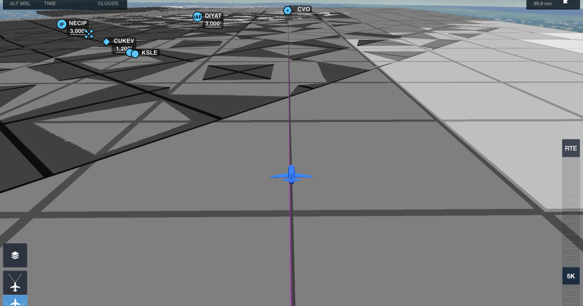 ForeFlight's 3D route preview shows forecast cloud (shown here), icing, and turbulence layers. 