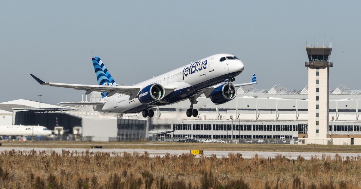 The first JetBlue Airbus A220 takes off from the Mobile Aeroplex in Alabama for its first flight on December 9. (Photo: Airbus)
