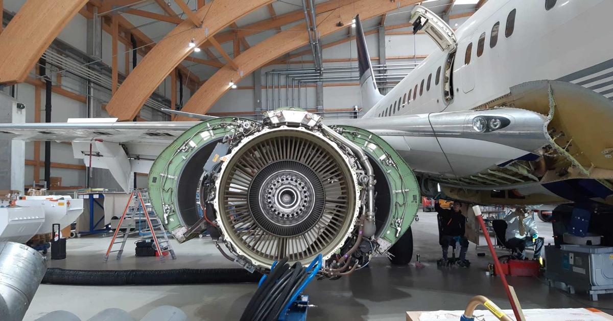 A BBJ engine undergoes inspection during a C-check at AMAC’s facility at EuroAirport Basel. AMAC has plenty of room to expand in Basel, which fits with expected growth in maintenance and completions activities.