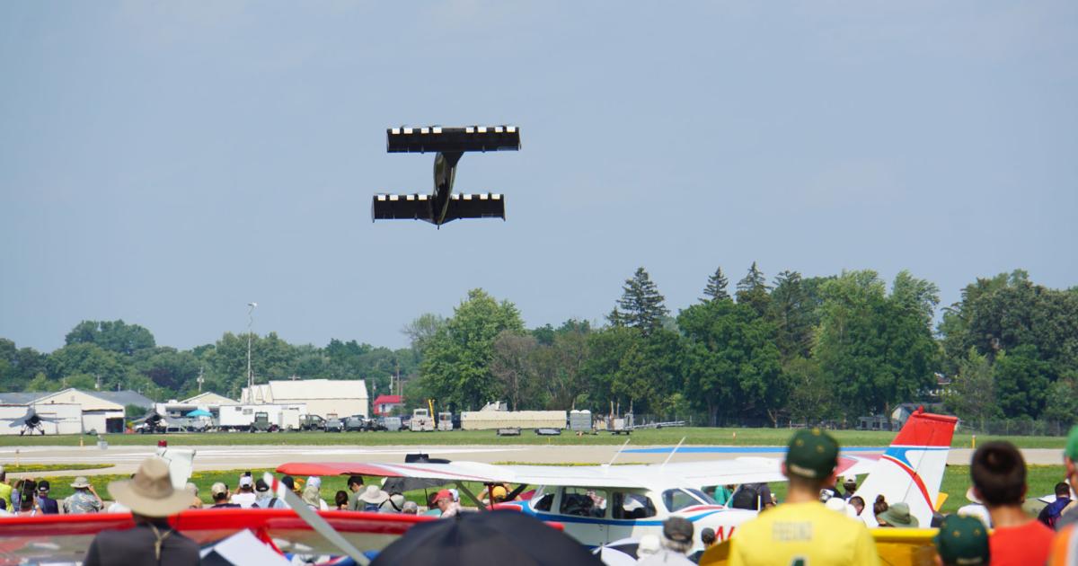 A most unusual sight at this year's EAA AirVenture Oshkosh show was Opener's Blackfly electric personal air vehicle. (Photo: Matt Thurber/AIN)