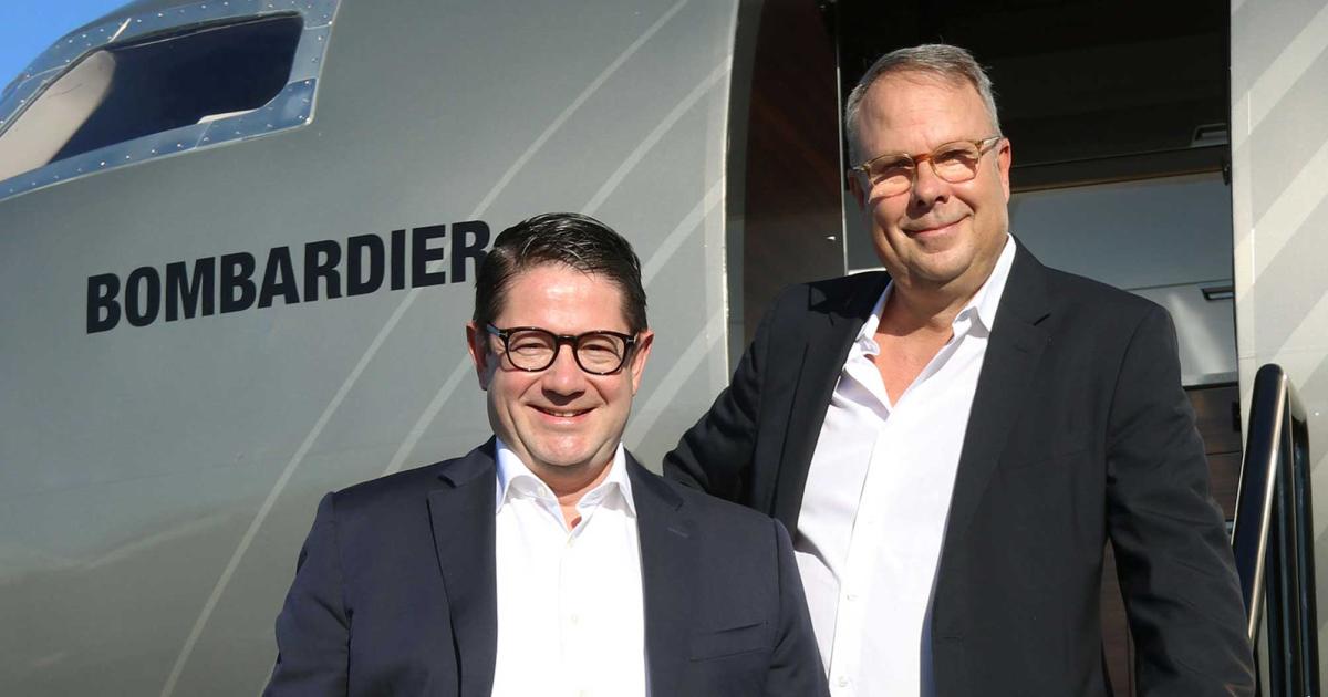 Bombardier president and CEO Eric Martel and senior v-p of sales Peter Likoray celebrate the early sales successes for the new super-midsize Challenger 3500. Barry Ambrose