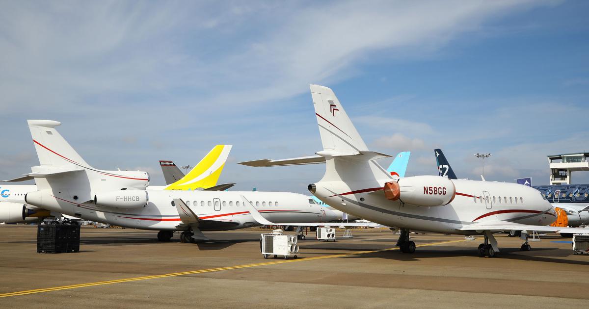 Dassault flew two Falcon business jets to the Singapore Airshow 2022 static display, including a twin-engine 2000LXS and the tri-engine 8X, and also brought the fuselage mockup of the new widebody 6X twin. (Photo: David McIntosh/AIN)