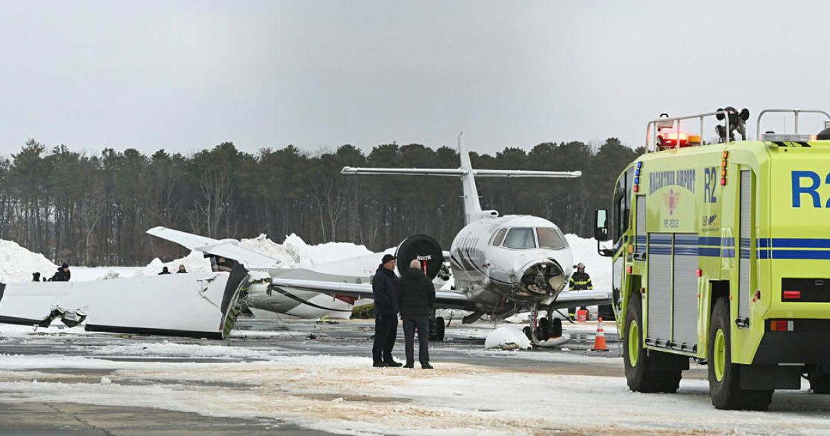 Investigators are trying to determine what caused a taxiing PC-12 to lose control at New York's Long Island Mac Arthur Airport last week and plow into a parked Hawker 1000. (Photo: James Carbone/courtesy Newsday)