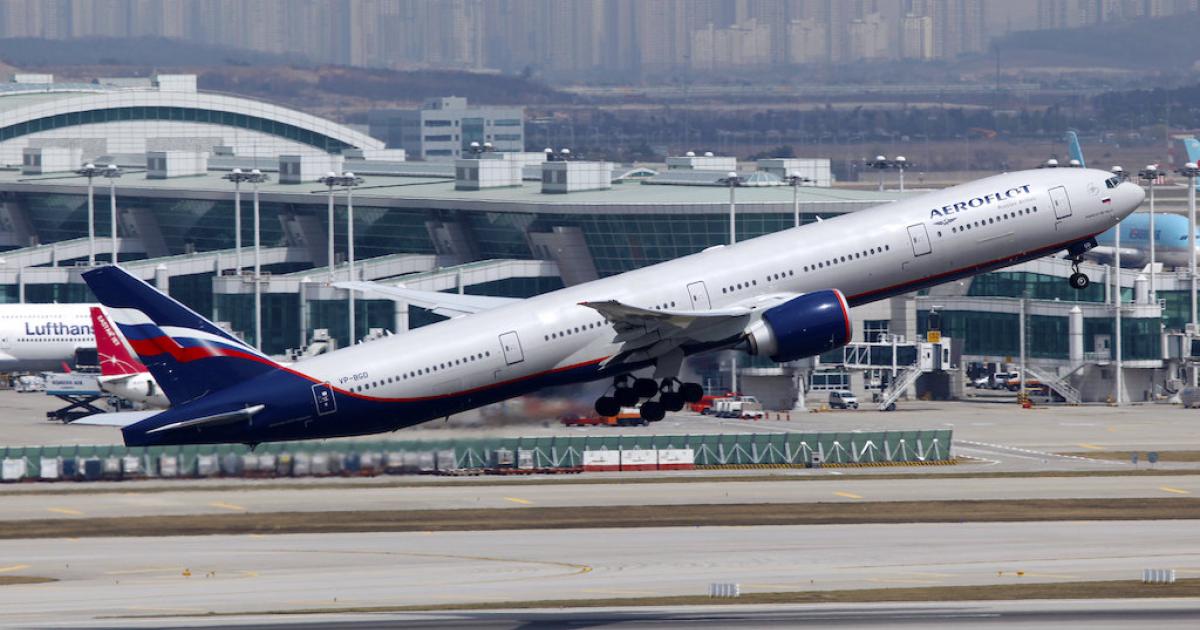 An Aeroflot Boeing 777-300ER takes off from Seoul Incheon International Airport in 2015. (Flickr: <a href="http://creativecommons.org/licenses/by-sa/2.0/" target="_blank">Creative Commons (BY-SA)</a> by <a href="http://flickr.com/people/byeangel" target="_blank">byeangel</a>)