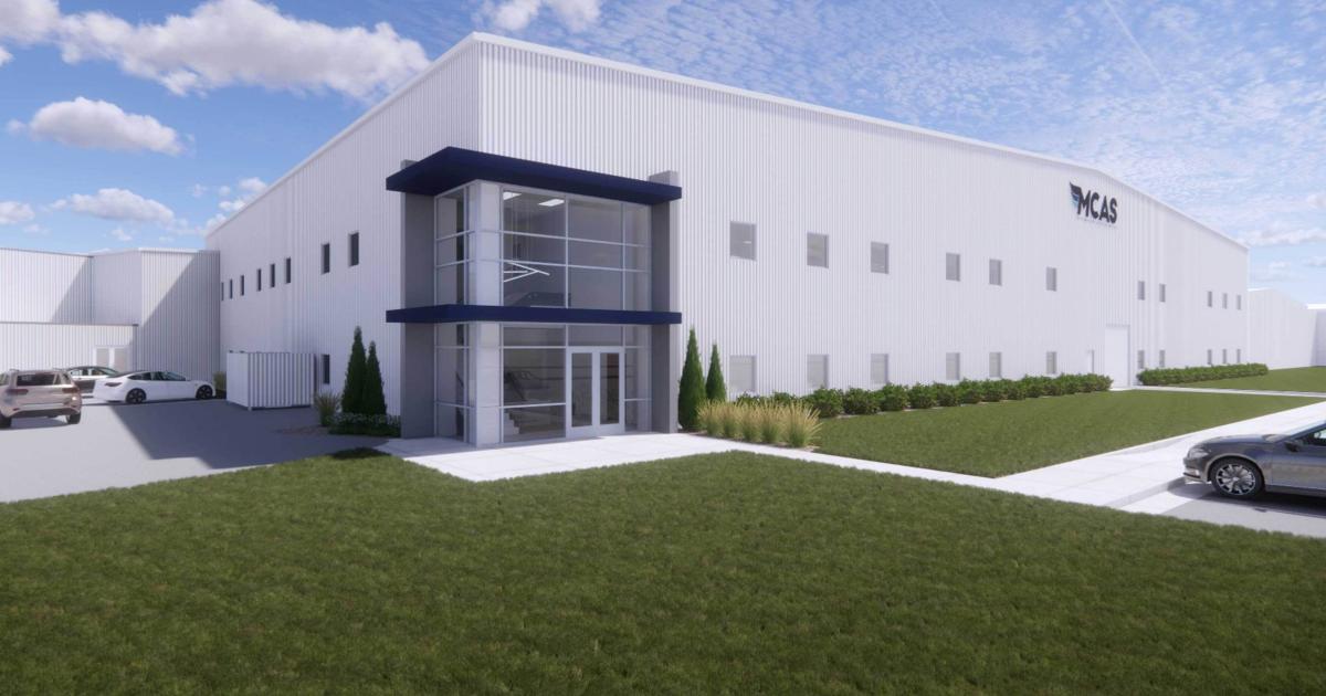 A new hangar under construction for Mid-Continent Aviation Services will add to its existing 33,000 sq ft of offices and hangars at Wichita Eisenhower National Airport. (Image: Alloy Architecture)