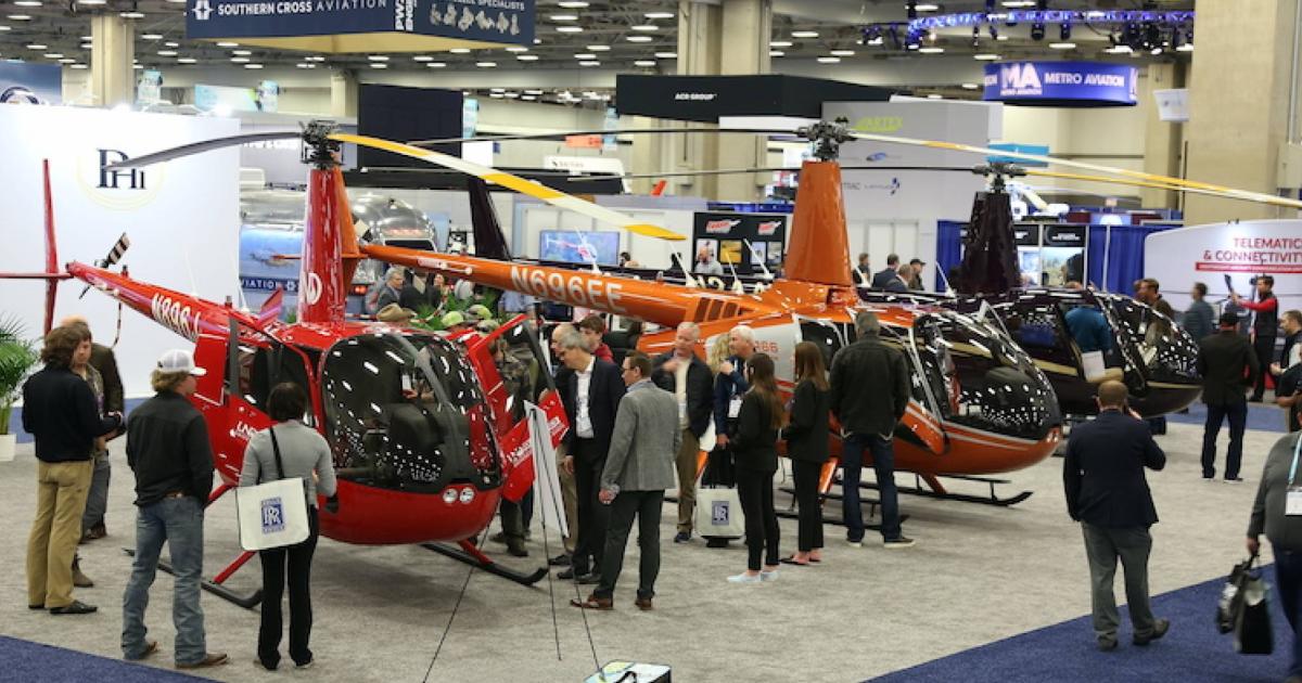 Heli-Expo 2022 drew 590 exhibitors, including Robinson Helicopter that had sold all four of the helicopters it brought to the event, three of which were displayed at its booth. (Photo Mariano Rosales/AIN)