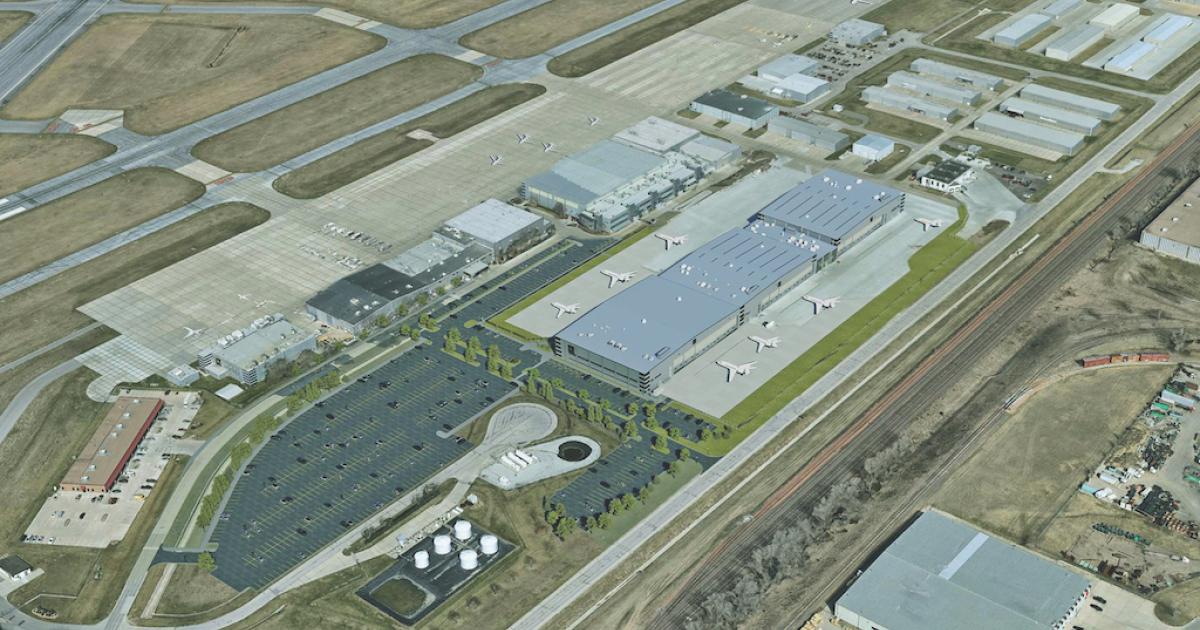 Duncan Aviation's Lincoln, Nebraska site will expand to 769,000 sq ft of facilities with the addition of a 46,000-sq-ft hangar and a 62,000-sq-ft wing. (Image: Duncan Aviation)