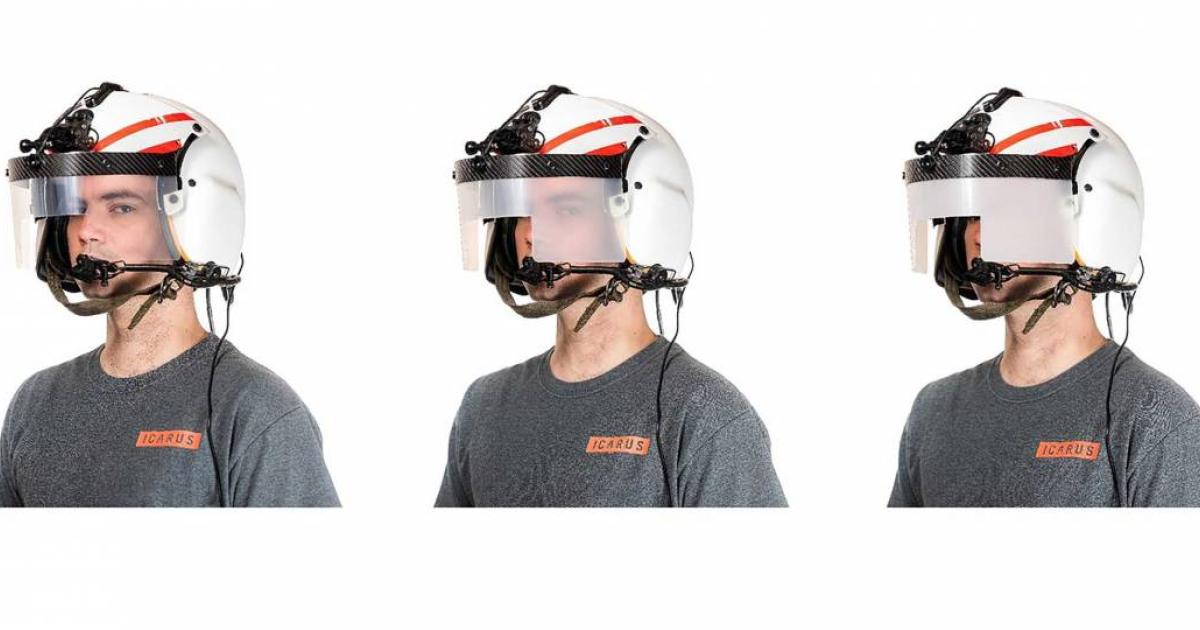 The ICARUS device allows instructors to gradually change the opacity of the helmet-mounted visor, using a smartphone app, to allow students to practice entry into instrument meteorological conditions safely and effectively. (Photo: Icarus Devices)
