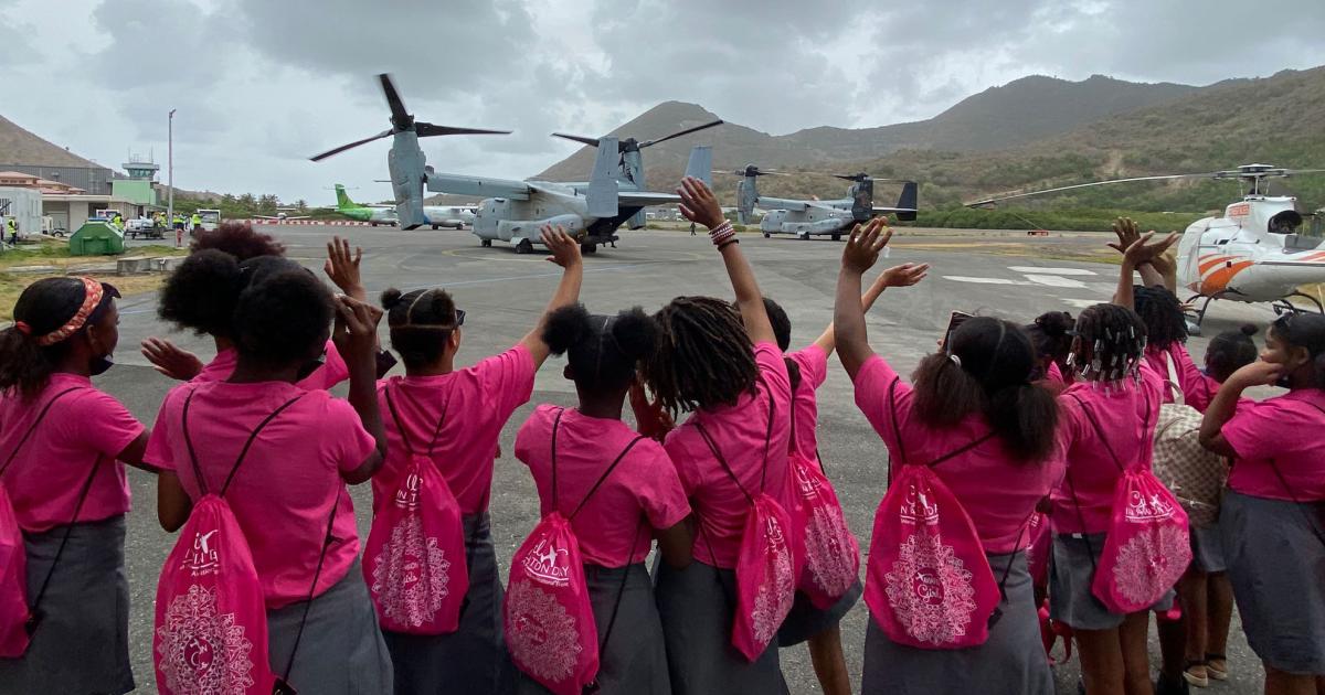 The arrival of a pair of USMC MV-22 Ospreys was an unexpected surprise at the Girls in Aviation event held this morning at Saint Martin's Grand Case Airport. (Photo: Curt Epstein/AIN)