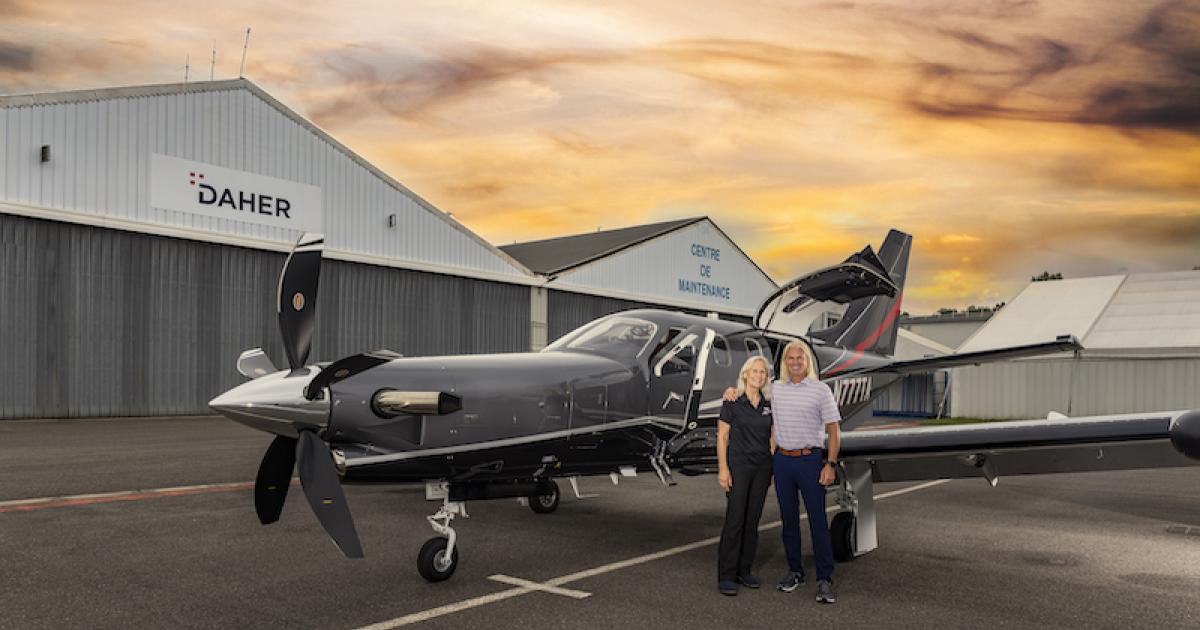 South Florida businessman Johnie Weems took delivery of the 20th TBM 960 at Daher in France and along with ferry pilot Margrit Waltz made the transatlantic flight to Florida. (Photo: Daher)