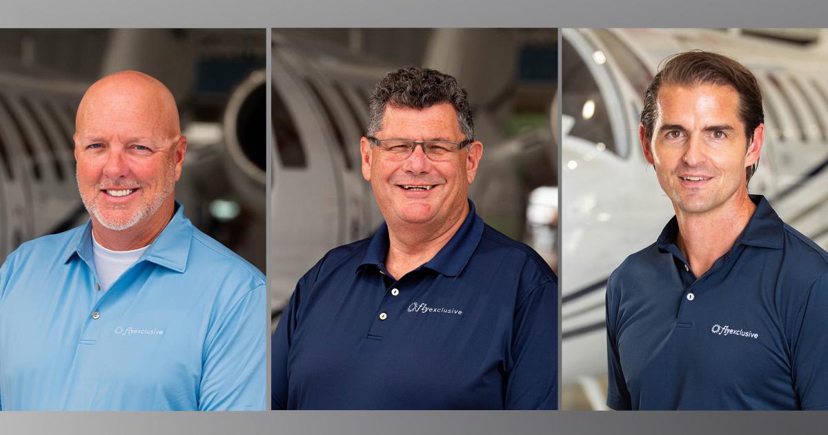 FlyExclusive has realigned its executive team comprised of (from left) Jim Segrave, Mike Guina, and Tommy Sowers to prioritize innovation and growth of the company. (Photos: flyExclusive)