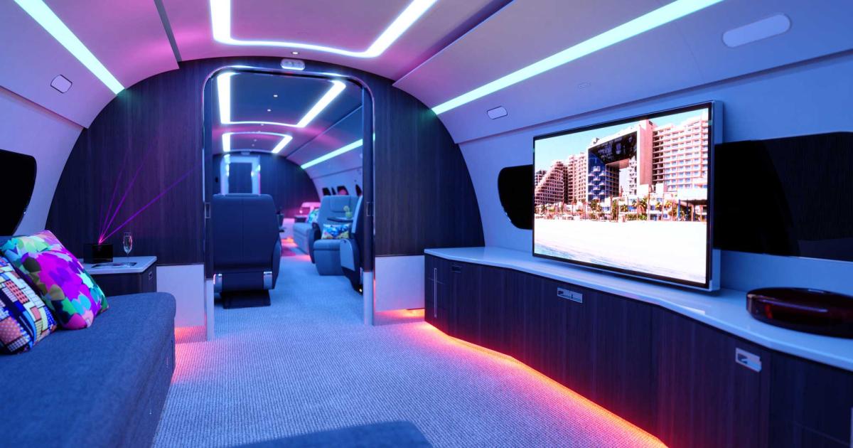 The first ACJ TwoTwenty for launch customer Five Hotels will feature two 55-inch screens, a master suite with shower, and 16 passenger seats. (Photo: Comlux)