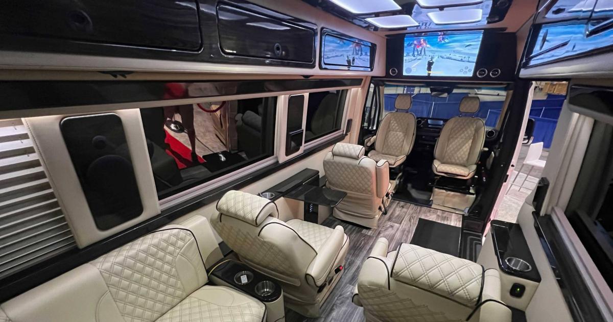 The atmosphere inside this van in the NBAA-BACE exhibit hall not only radiates comfort but gives visitors the opportunity to experience SkyCinema’s Dolby Atmos immersive audio and DPI’s LED lighting. 