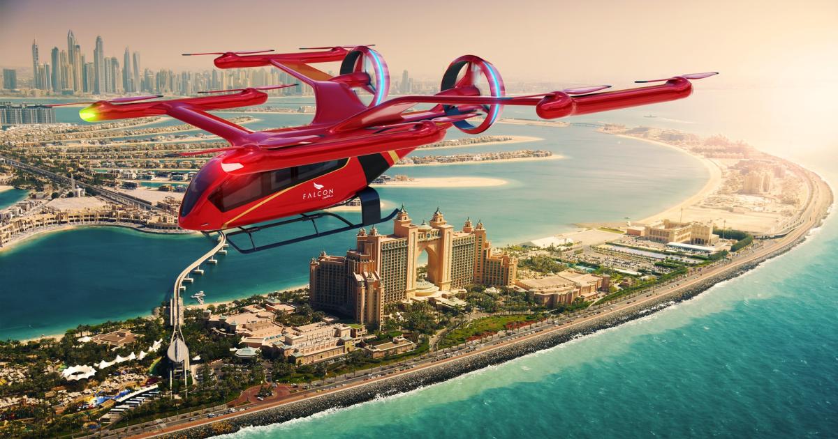 UAE operator Falcon Aviation plans to use Eve's four-passenger eVTOL aircraft for air taxi services starting with flights from Atlantis the Palm resort. (Image: Eve Urban Air Mobility)