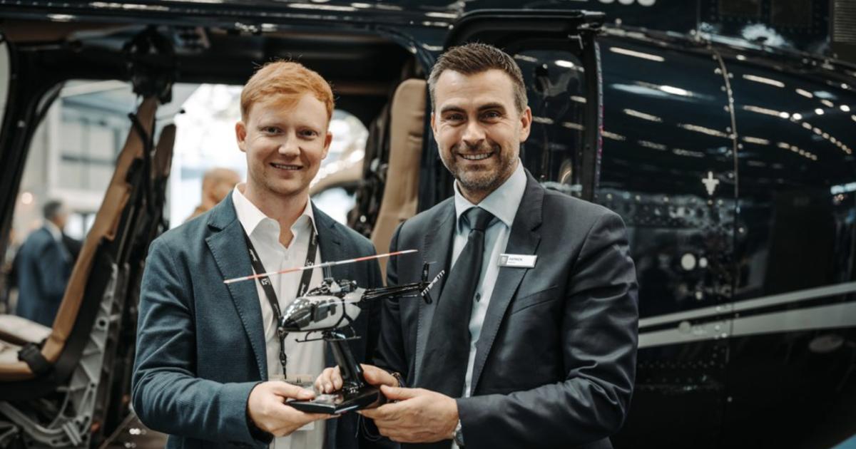 Max Lunov (left), owner of Airborne—Bell's new independent representative in the Baltic states—with Patrick Moulay, Bell senior v-p of international commercial sales during the European Rotors conference. (Photo: Bell)