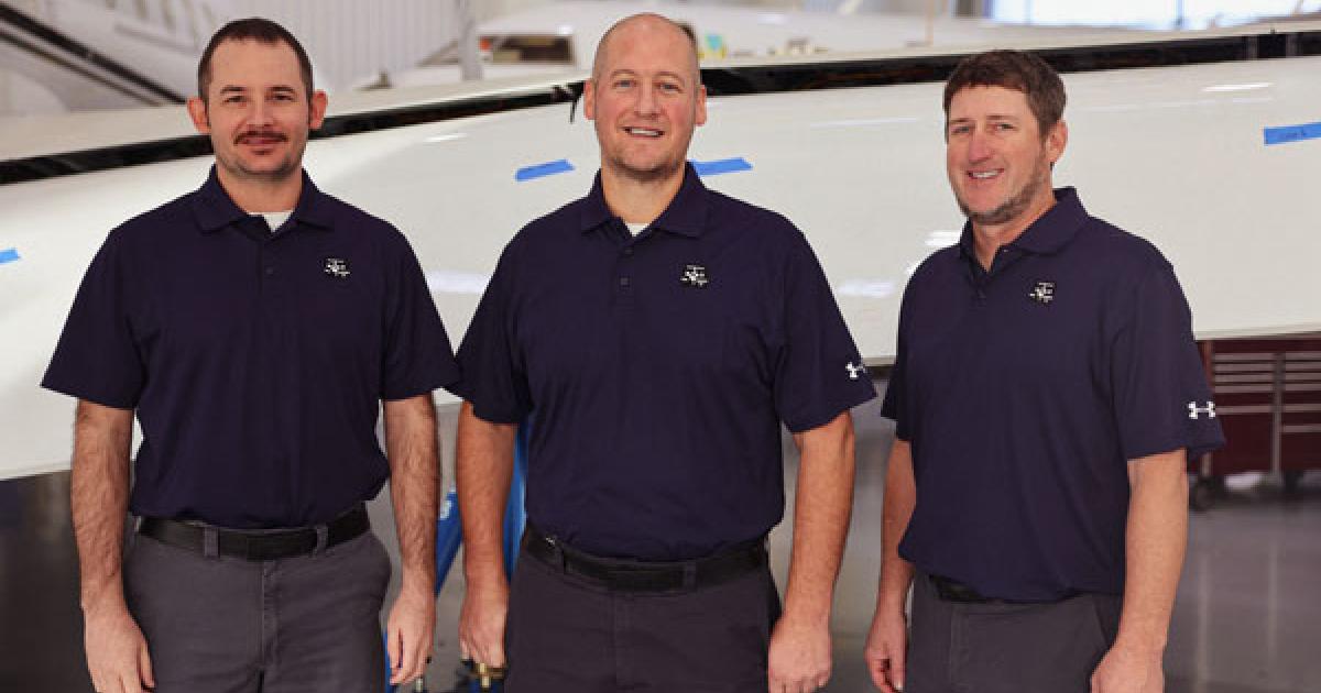 Duncan Aviation's Bombardier technical representatives team in Lincoln, Nebraska, includes Max McElroy, left, Todd Shriner, and Trevor Bartlett. (Photo: Duncan Aviation)
