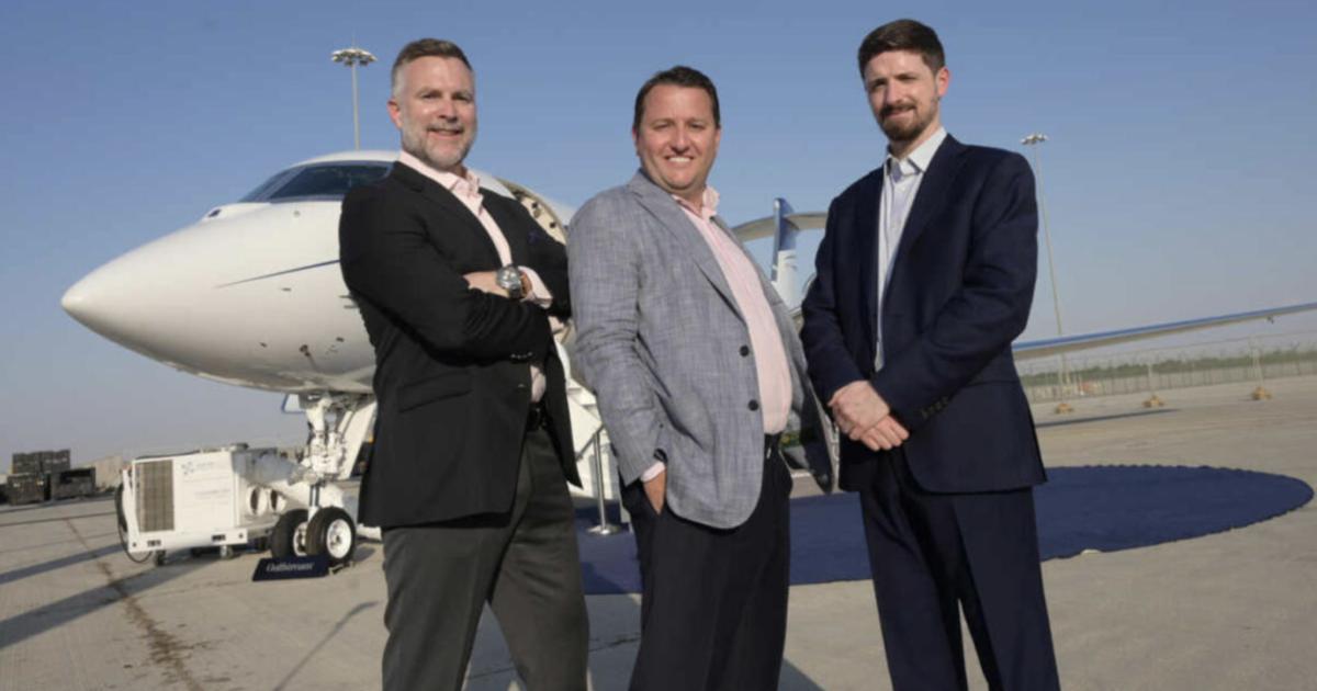 Left to right Vertis Aviation Aircraft Trading executives, Mark Abbott - CEO, Jeffrey Emmenis- Director, Conan McGale - Director stand in front of business jet