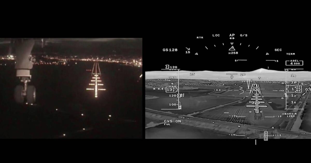 Dassault FalconEye Enhanced Flight Vision System display next to image of visual approach to landing