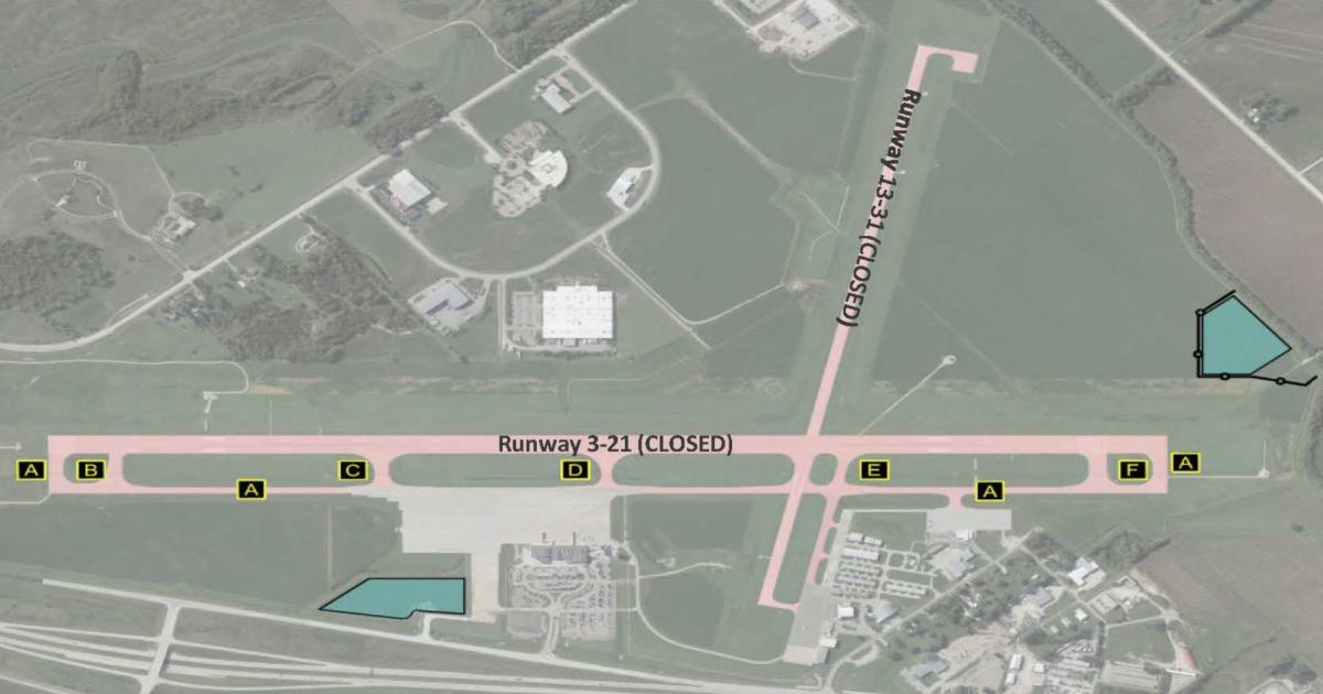 Aerial view of Manhattan Regional airport in Kansas marked for closure
