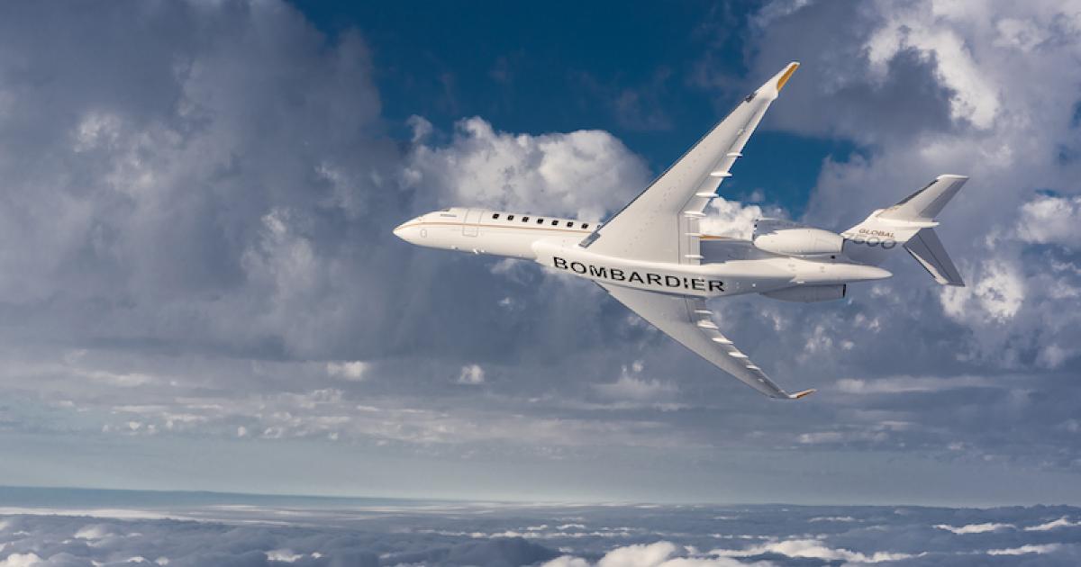 bottom view of Bombardier Global 7500 in flight over clouds