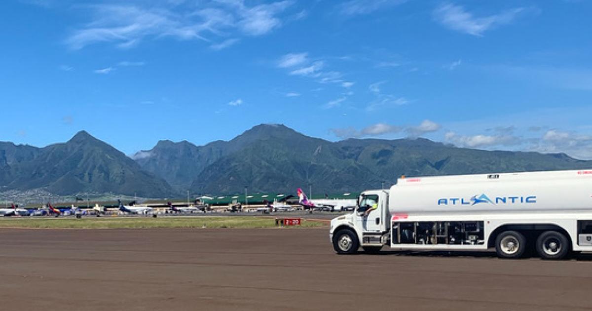 Atlantic Aviation refueller against a Hawaii background