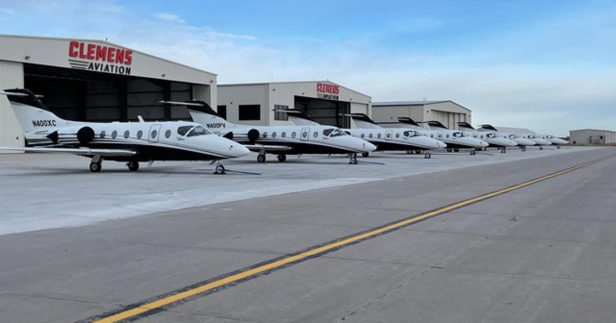 Clemens Aviation Beechjet 400As parked on airport ramp in front of facility at Wichita's Colonel James Jabara Airport 