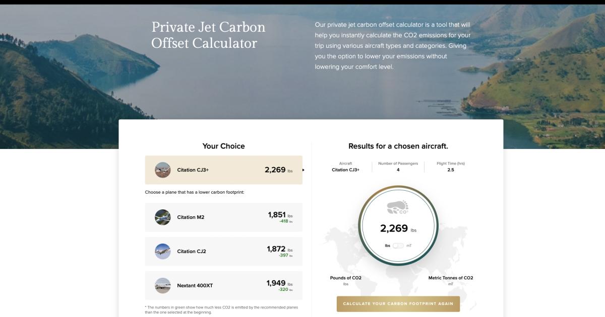 Screenshot of Paramount Business Jets' Private Jet Carbon Offset Calculator depicting travel from Teterboro Airport (KTEB) to Miami-Opa locka (KOPF) in a Citation CJ3+ with 4 passengers. 