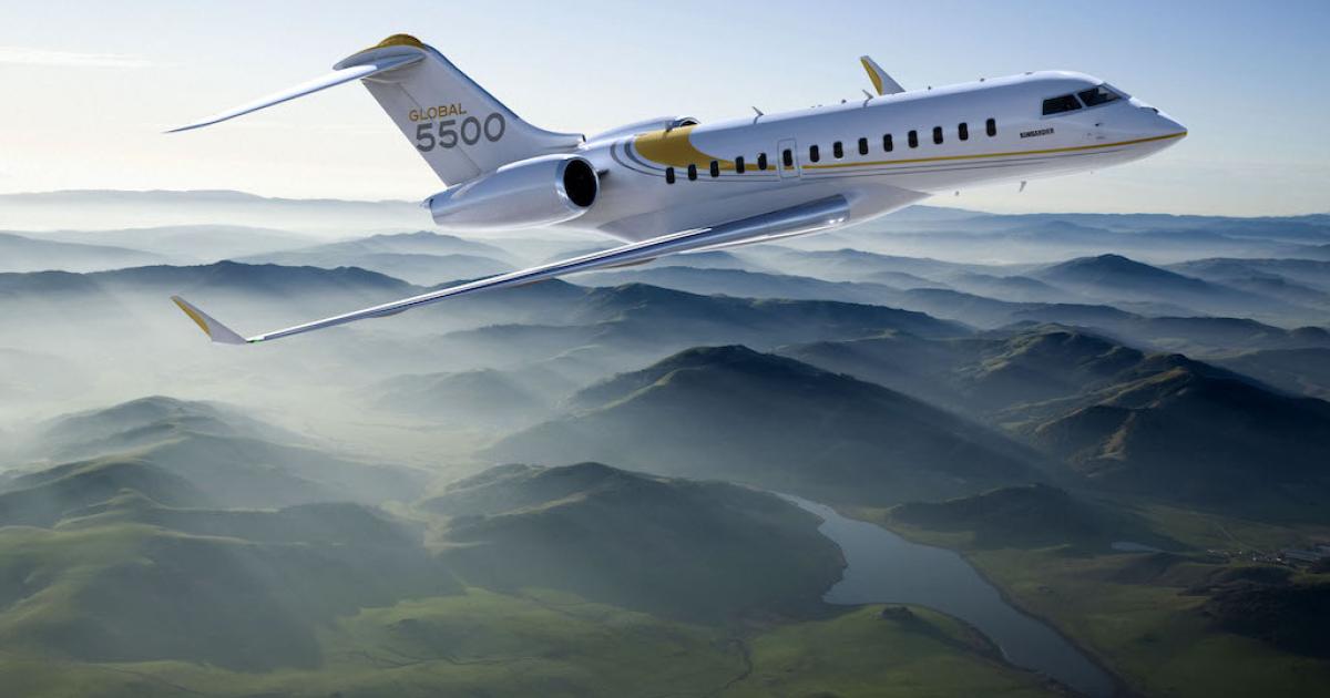 Bombardier Global 5500 in flight over fog covered mountains  (Photo: Bombardier)