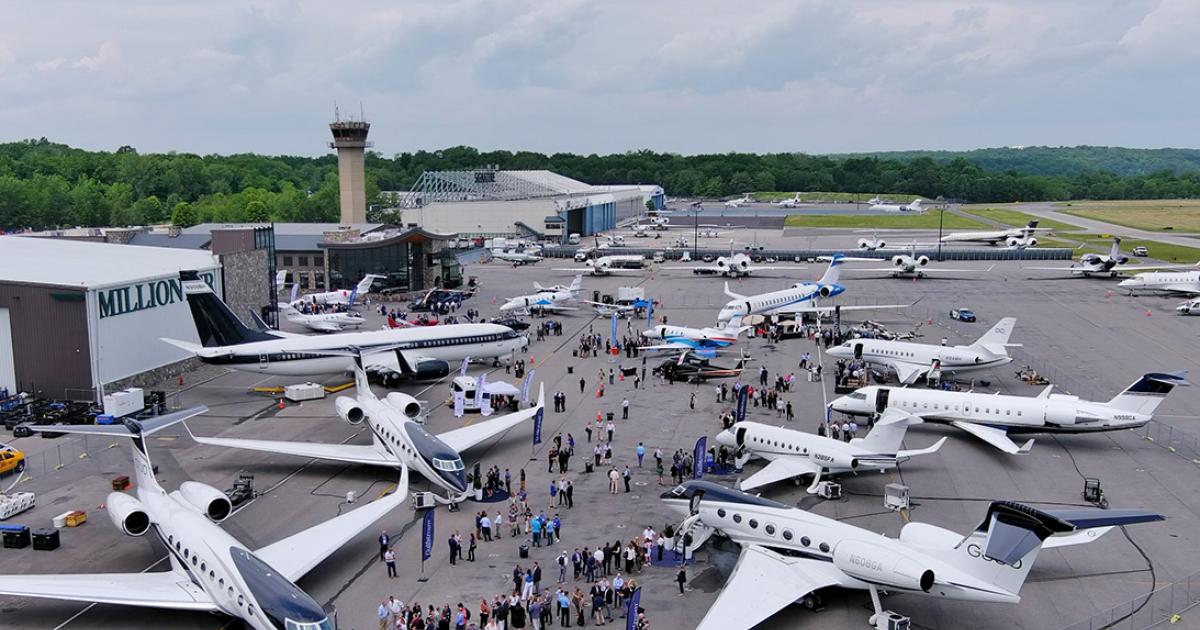 Aerial view of aircraft on static display at New York's Westchester County Airport for NBAA's Northeastern Regional Forum