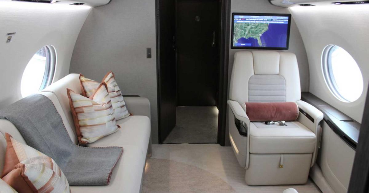Business jet cabin with partition