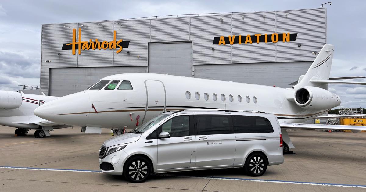 Harrods Aviation hangar with private jet and electric van