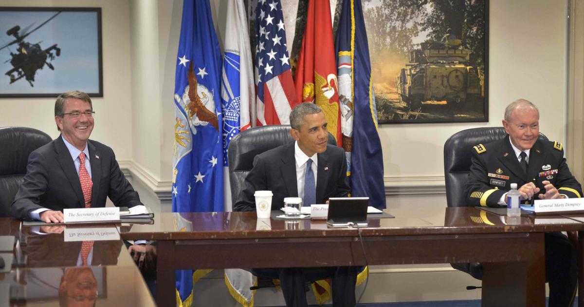 President Obama discussed anti-Islamic-State strategy at the Pentagon with secretary of defense Ashton Carter (left) and chairman of the joint chiefs of staff Gen. Martin Dempsey (right). (photo: US DoD)