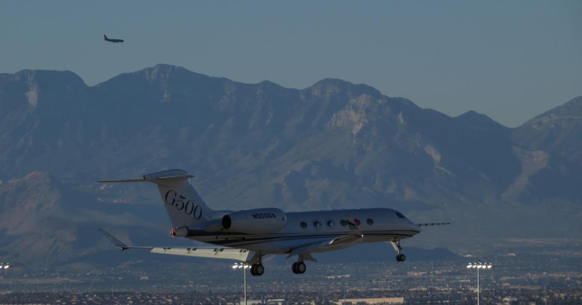 With test pilots Scott Martin and Scott Evans at the controls, the new Gulfstream G500 flew the 1,630-nm trip from Savannah, Ga.,to Las Vegas Henderson Executive Airport in 4 hours 36 minutes. The fligth-test airplane will be on static display this week at NBAA 2015. (Photo: Mark Huber)