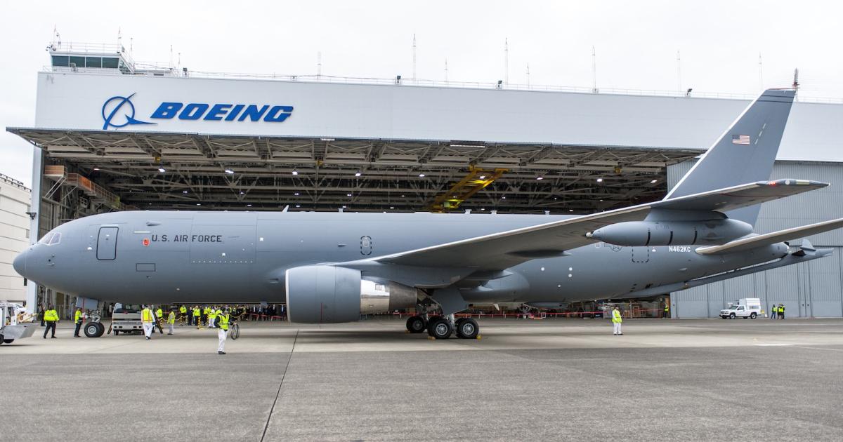 The first configured KC-46A tanker is shown at Boeing Field in Seattle after its maiden flight on September 25. (Photo: Boeing)