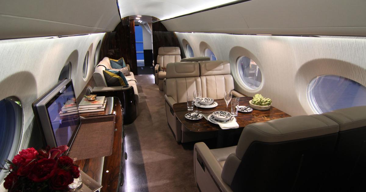 Gulfstream Aerospace revealed a new interior mockup for its large-cabin, long-range G600 this week at NBAA 2015 that takes more than 200 customer suggestions into account from the initial mockup displayed at last year’s show. (Photo: Mariano Rosales/AIN)