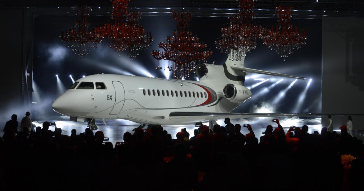 Dassault took the wraps off the first Falcon 8X at its Bordeaux Mérignac factory earlier this month.